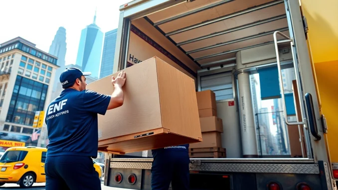 Trustworthy moving company nyc team carefully handling belongings in bustling cityscape.