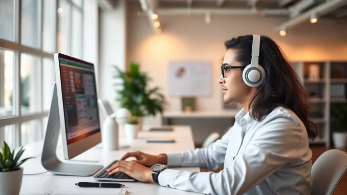 Showcase a user actively working with wps中文版 on a sleek laptop in a vibrant, modern office environment.