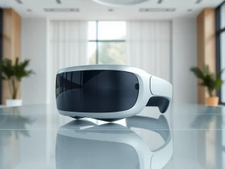 Buy Apple Vision Pro featured prominently on a modern glass desk in a bright, inviting room.