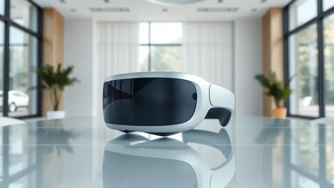 Buy Apple Vision Pro featured prominently on a modern glass desk in a bright, inviting room.