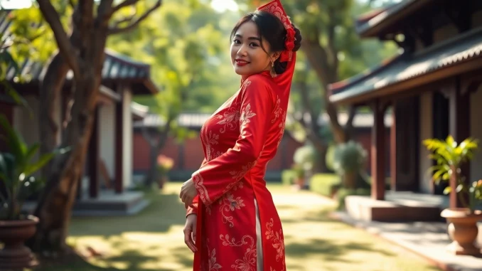 vhsl Admiring a woman in a classic Vietnamese Áo Dài amidst a lush garden setting.