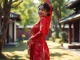 Admiring a woman in a classic Vietnamese Áo Dài amidst a lush garden setting.