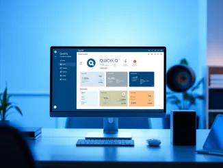 Download QuickQ电脑版下载 with a sleek software interface displayed on a modern desktop setup.