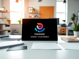Showcasing a trademark logo on sleek branding materials in a professional design studio.