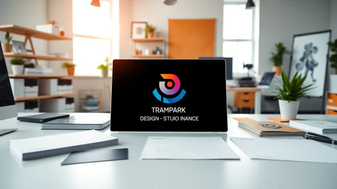 Showcasing a trademark logo on sleek branding materials in a professional design studio.