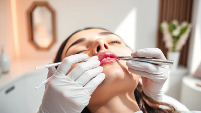 047f Lip filler treatment being applied by a skilled aesthetician in a modern medspa.