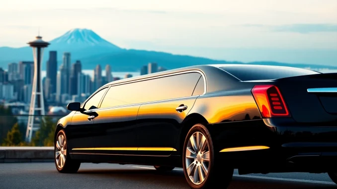 Experience luxury with Vancouver to Seattle Limo Service featuring a stunning black limousine against the Seattle skyline.
