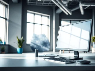 Showcasing an AIO Computer in a modern office setup with sleek design and bright, inviting atmosphere.