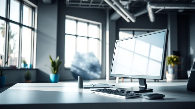 1v7i Showcasing an AIO Computer in a modern office setup with sleek design and bright, inviting atmosphere.