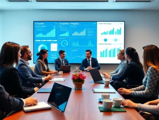 Analyze competitive intelligence strategies during a collaborative business meeting in a modern setting.