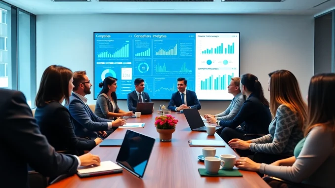 26xt Analyze competitive intelligence strategies during a collaborative business meeting in a modern setting.