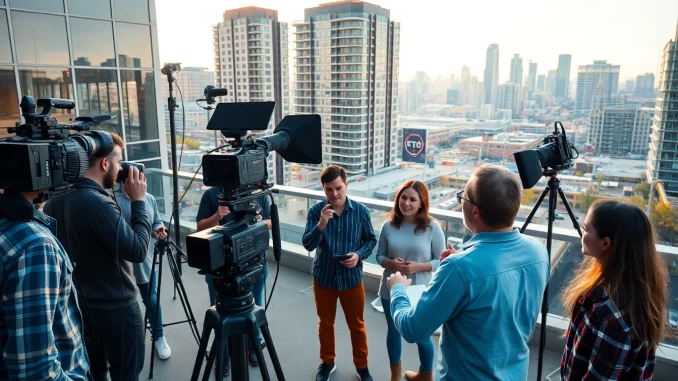 305l Showcasing video production edmonton team collaborating amidst the city skyline, highlighting creativity.