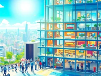 Manage your Sim Tower with vibrant offices, hotel rooms, and a bustling ambiance.