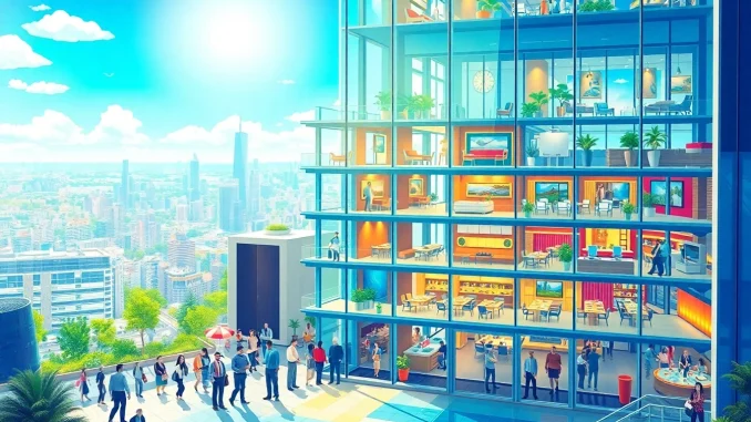Manage your Sim Tower with vibrant offices, hotel rooms, and a bustling ambiance.