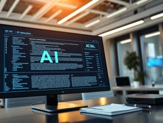 Analyze text with an advanced ai checker in a modern office environment.