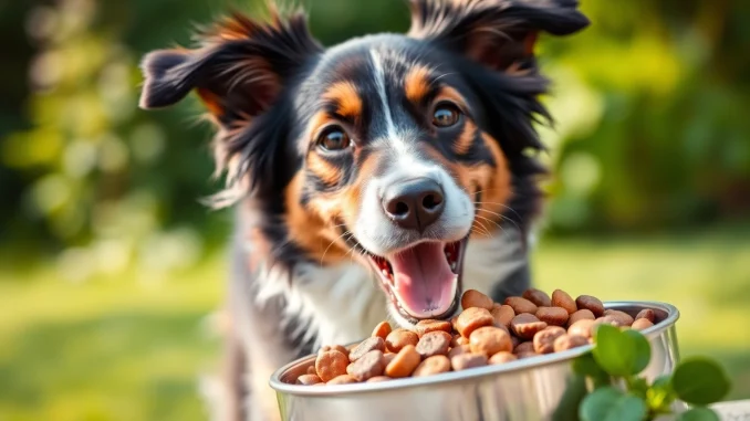 85qa Dog enjoying badlands ranch superfood complete from a bowl, symbolizing health and happiness.