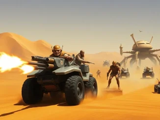 Action-packed scene of Dune 2 game with battles in an alien desert setting.