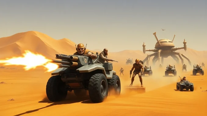 Action-packed scene of Dune 2 game with battles in an alien desert setting.