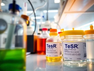 Showcase all check of TeSR™ Feeder-Free Pluripotent Stem Cell culture media in a bright lab setting.