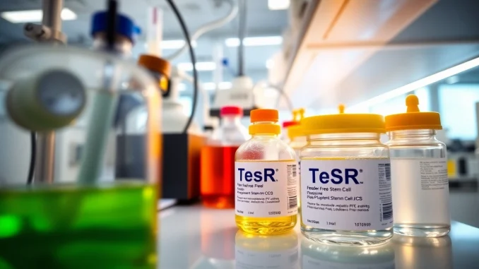 Showcase all check of TeSR™ Feeder-Free Pluripotent Stem Cell culture media in a bright lab setting.