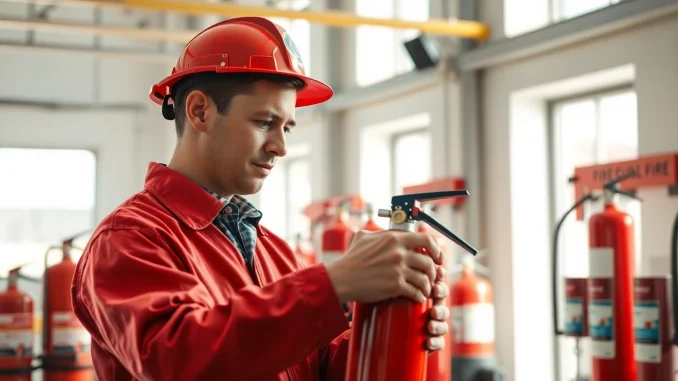 8vmh Fire extinguisher servicing Lichfield by a professional technician in a bright industrial environment.