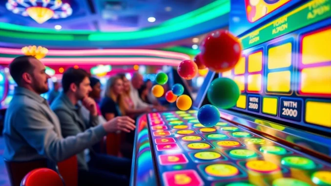 a1lw Игроки увлечены игрой казино плинко, наблюдая, как шарики падают на мультипликаторы.