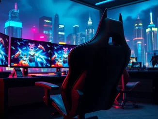 Permainan game batman138 dengan setup gaming yang stylish dan suasana kota metropolitan yang cerah.