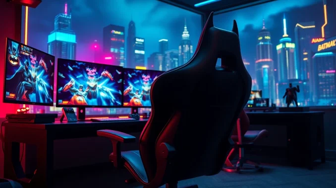a8ko Permainan game batman138 dengan setup gaming yang stylish dan suasana kota metropolitan yang cerah.