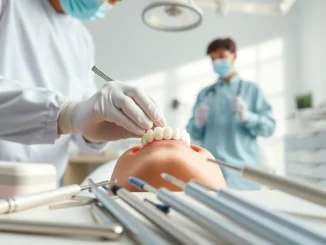 Applying dental crowns in a professional dental setting, showcasing intricate procedures and tools.
