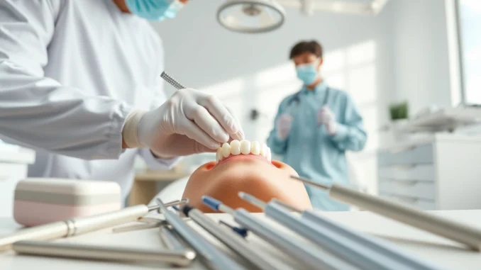 Applying dental crowns in a professional dental setting, showcasing intricate procedures and tools.