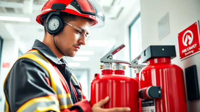 cprm Fire extinguisher servicing technician inspecting fire extinguisher equipment in a professional environment.