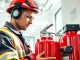 Fire extinguisher servicing technician inspecting fire extinguisher equipment in a professional environment.