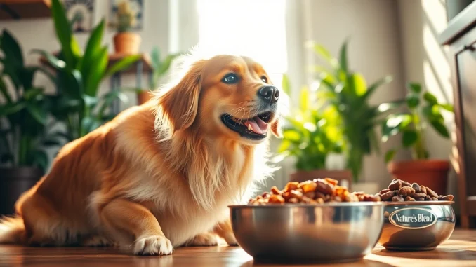 d4p8 Dog eagerly eating nature's blend dog food Canada in a warm kitchen setting.