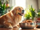 Dog eagerly eating nature's blend dog food Canada in a warm kitchen setting.