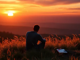 Person reflecting on coping with grief while watching a sunset over the hills.