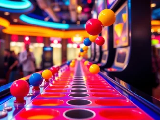Permainan plinko indonesia yang menarik dengan bola berwarna-warni jatuh di papan permainan.