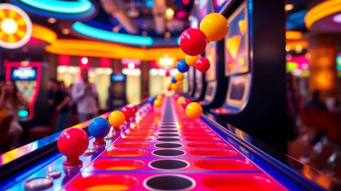 jn7x Permainan plinko indonesia yang menarik dengan bola berwarna-warni jatuh di papan permainan.