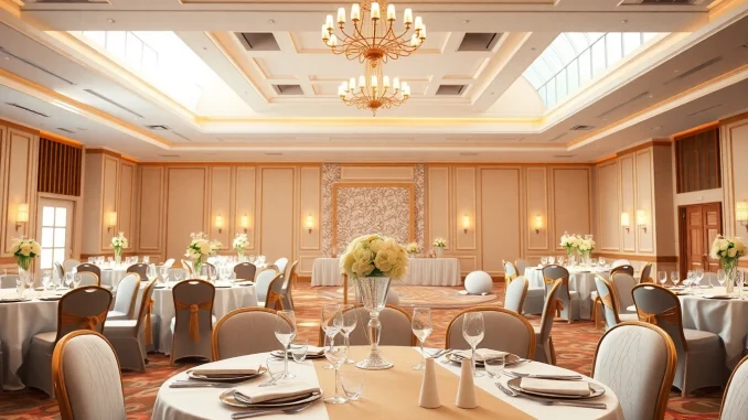 Experience the exquisite ambiance of le prestige hall with elegant dining arrangements and warm lighting.