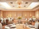 Experience the exquisite ambiance of le prestige hall with elegant dining arrangements and warm lighting.