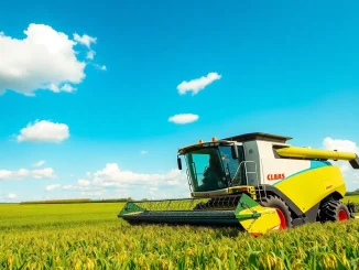 Claas landwirtschaftliche Maschine arbeitet auf einem Feld unter blauem Himmel.
