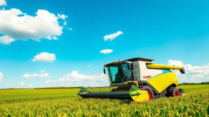 k0nv Claas landwirtschaftliche Maschine arbeitet auf einem Feld unter blauem Himmel.