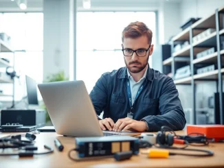 Offering reliable computer service, a technician repairs a laptop in a bright office setting.