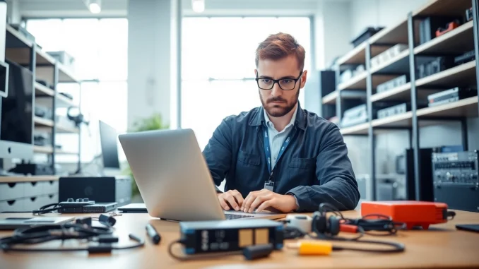Offering reliable computer service, a technician repairs a laptop in a bright office setting.