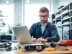 Offering reliable computer service, a technician repairs a laptop in a bright office setting.