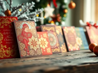 View of colorful festive cards London with detailed designs on a rustic table.