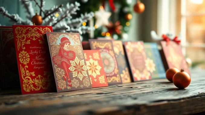 View of colorful festive cards London with detailed designs on a rustic table.