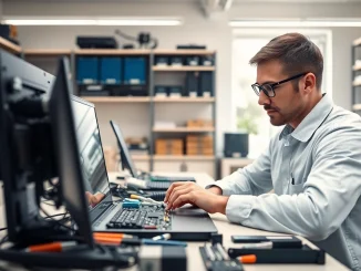 Technician repairing a laptop during a computer repair in a bright workshop.
