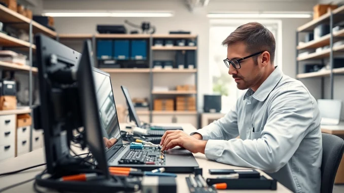 Technician repairing a laptop during a computer repair in a bright workshop.