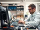 Technician repairing a laptop during a computer repair in a bright workshop.