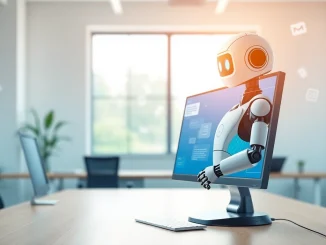 Engaging AI bot for websites interacting seamlessly with users in a modern office.